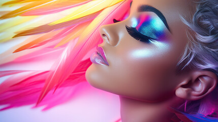 Striking Portrait of a Woman With Vibrant Feather Headdress and Bold Makeup