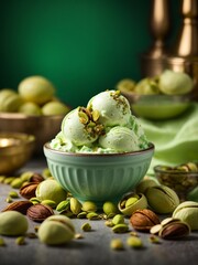 Italian pistachio gelato ice cream in waffle cone with studio lighting and background, food photography 