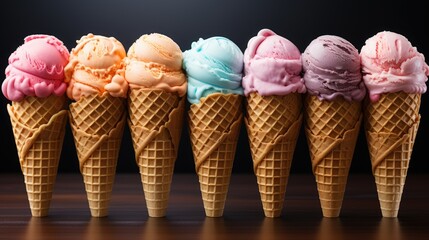 Ice cream of various flavors in waffle cone, bright background