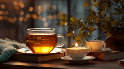 Cozy home composition with glass cup of tea teapot and book on blurred background