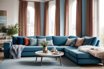 Interior home design of modern living room with blue sofa in a room with windows and curtains