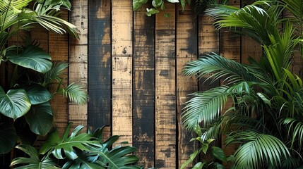 Rustic wooden background with a Jungle theme and many wooden slats. Generative AI.