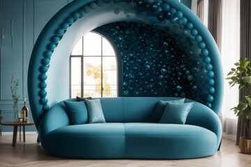 Interior home design of modern living room with blue round sofa in a cozy room