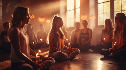 Group of diverse women meditating in a circle with candles - obrazy, fototapety, plakaty