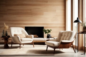 Interior home design of modern living room with beige armchairs and rustic stucco wall