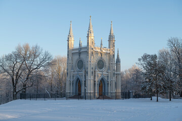 The old chapel of St. Prince Alexander Nevsky on December day. Alexandria Park, Peterhof