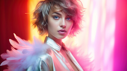 Fototapeta premium Artistic portrait of a woman with colorful neon feathers 