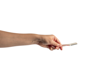 Pink and white disposable beauty shaving razor in hand on transparent background.
