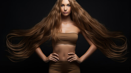 Fototapeta na wymiar Stunning Woman With Flowing Auburn Hair Posing in Studio Against a Dark Background