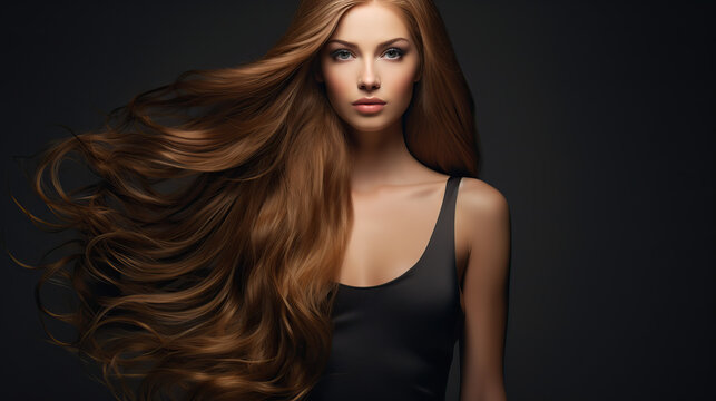 Elegant brunette with long flowing hair posing serenely

