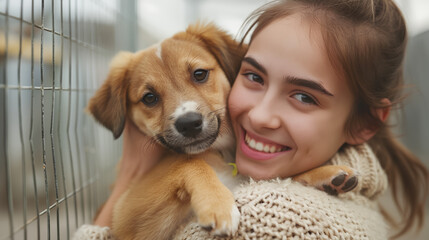 A little girl helps adopting a dog from dog rescue shelter center.