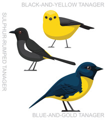 Cute Bird Tanager Yellow Costa Rica Set Cartoon Vector