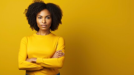 Obraz na płótnie Canvas African American Woman Standing Crossed Hands Against a Vibrant Yellow Copy Space. Concept of Black History Month, African American, and South Africa.