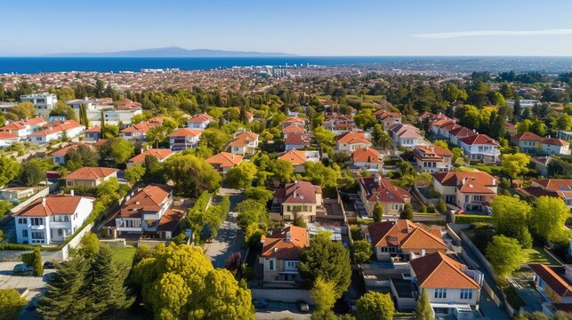 A neighborhood of luxury homes with red tile roofs, Varna, Bulgaria,