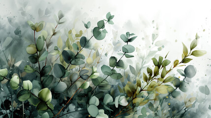 Artistic watercolor illustration of eucalyptus branches in varying shades of green on a white background, suitable for elegant design themes or natural concepts
