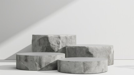 3D concrete podium on white background. Gray display for beauty product, cosmetic promotion. Natural rock, grey stone.