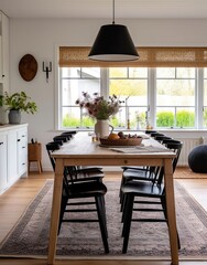 Black chairs and wooden table in a modern dining room