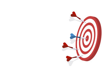 Red darts missed hitting target and only blue one hits the center. Business challenge failure and success concept.