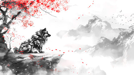 Simple Dog Chinese Zodiac Animal Illustration in Traditional Ink Painting Style. Black and White Gold Theme Color