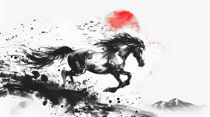 Simple Horse Chinese Zodiac Animal Illustration in Traditional Ink Painting Style. Black and White Gold Theme Color