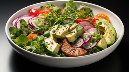 Rainbow vegan salad with arugula, potatoes, radishes, dressing and cucumber