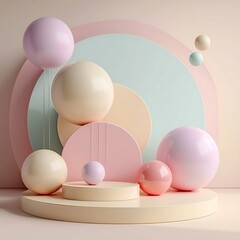 Minimal product podium stage with multicolor pastel color balloons in geometric shape for presentation background. Abstract background and decoration scene template. 3D illustration rendering