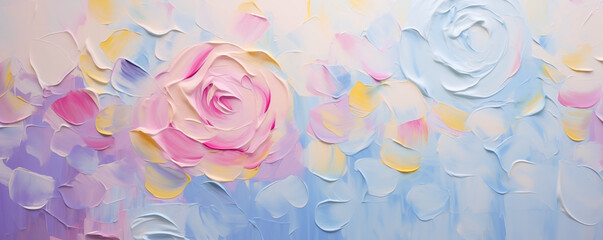 Beautiful modern floral impressionist background. Pastel pink rose petals banner for wedding, Valentine wallpaper. Pink, yellow rose flower art illustration on blue abstract backdrop, florals by Vita - obrazy, fototapety, plakaty