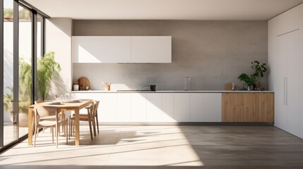 Fototapeta na wymiar a modern kitchen with white walls, concrete floor, 