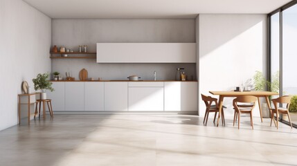  a modern kitchen with white walls, concrete floor, 