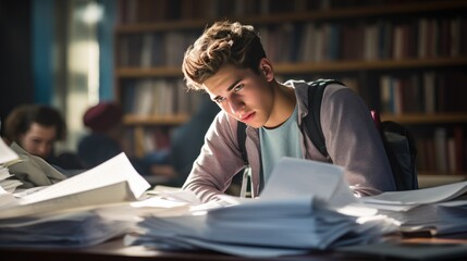  worried high school student looking at his test paper before starting during an exam. - obrazy, fototapety, plakaty