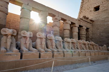 Ram-headed sphinx in Great Court of Karnak Temple. Luxor. Egypt .