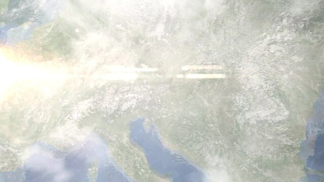 Zoom in from space and focus on Bruck an der Mur, Austria. 3D Animation. Background for travel intro. Elements of this image furnished by NASA.