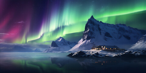 Fototapeta premium house in the night in northern with aurora borealis