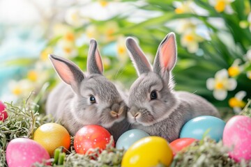 Fototapeta na wymiar Easter bunnies, colorful eggs, and joyful springtime festivities. Happy Easter