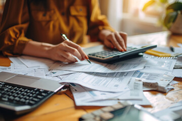 Female accountant working and calculating about finance document report on desk at home office - obrazy, fototapety, plakaty