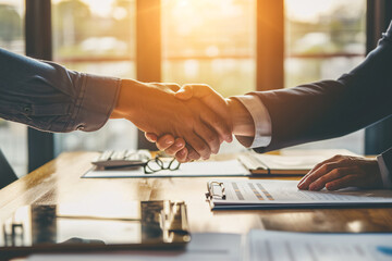 Two business people shaking hand after business signing contract in meeting room at company office