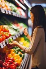 Obraz premium A woman shopping for bell peppers in a grocery store,