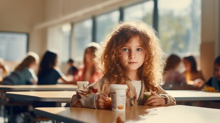 Caucasian girl eating lunch in classroom 