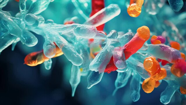 Colorenhanced closeup of CRISPRCas9 enzymes removing faulty DNA that causes Huntingtons disease, highlighting the potential for disease eradication.