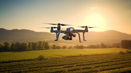 Fototapeta na wymiar drone flying on farmland at sunrise background 