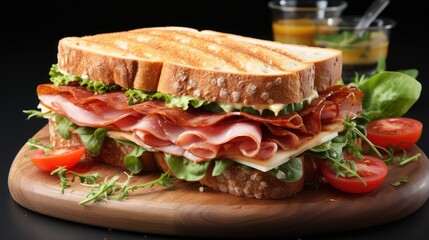 Sandwich with ham, cheese, tomato, lettuce and toast on a wooden plate