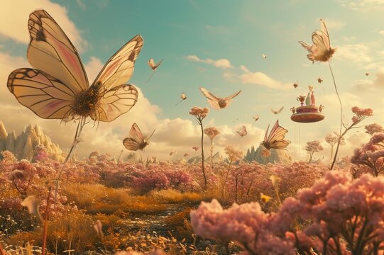 : A vast meadow where oversized, translucent butterflies gently carry floating islands made of spun sugar. The islands host miniature tea parties with creatures made of candy, surrounded by fields of 