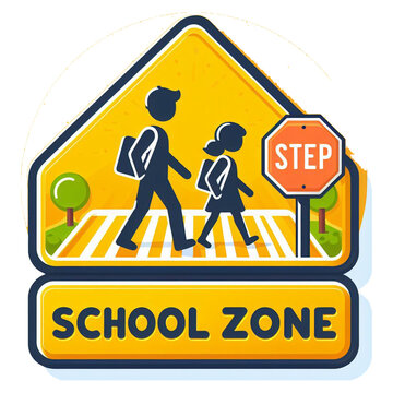 School zone warning crossing road sign on png transparent background.