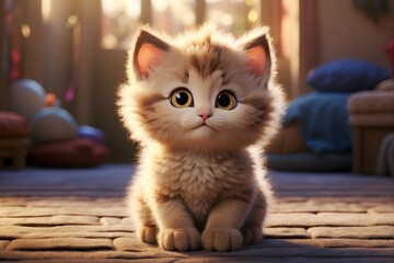 funny little cat in the street, cartoon style, illustration, cute kitten