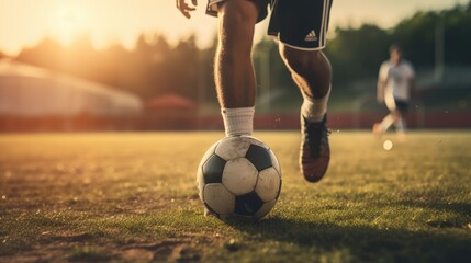 Close up photo of playing soccer, AI generated Image - obrazy, fototapety, plakaty