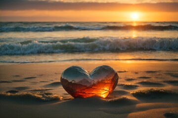 Orange heart. Love. A heart shaped stone, cracked and weathered , lying on a beach at sunset. Heart.
