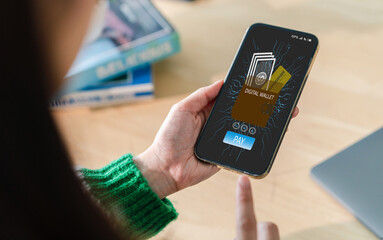 Human use smartphone with digital wallet, online banking digital technology, mobile banking, shopping, payment, finance, bank, withdraw money, E-wallet, credit card, financial and business online