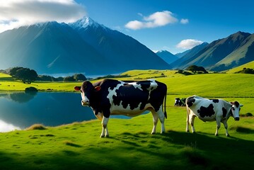 Beautiful cows grazing near a lake in front of a big mountain - obrazy, fototapety, plakaty