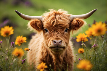 Image of highland cow calf in the meadow with spring flowers 	 printed on Printed Glass Splashbacks