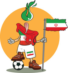 Cool soccer character of the iran national team holding a flag, on a background of orange circles. great for t-shirt design